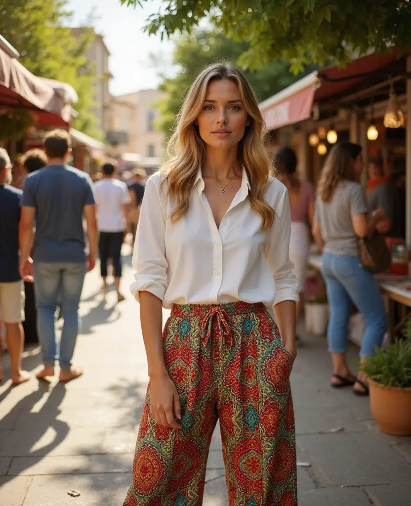 19 Trendy Outfits to Wear in Greece This November (You’ll Love #12!) - 12. Bold Printed Trousers