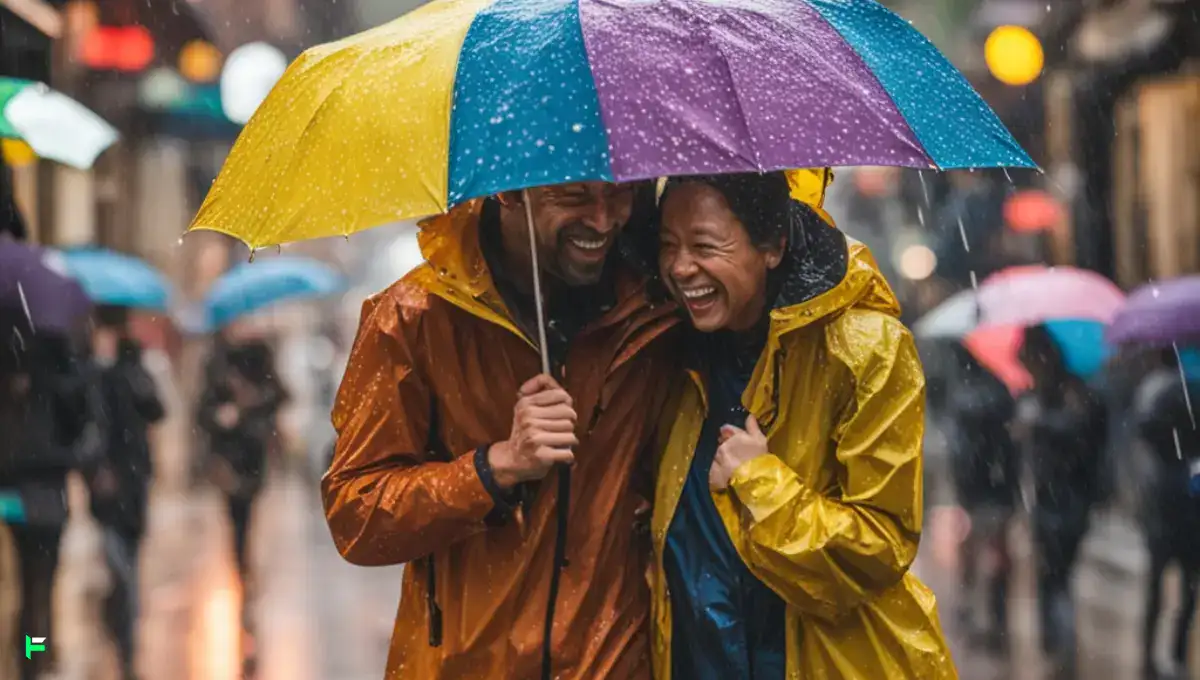 Best Rain Jackets For Travel | Couple enjoying in rain holding umbrella