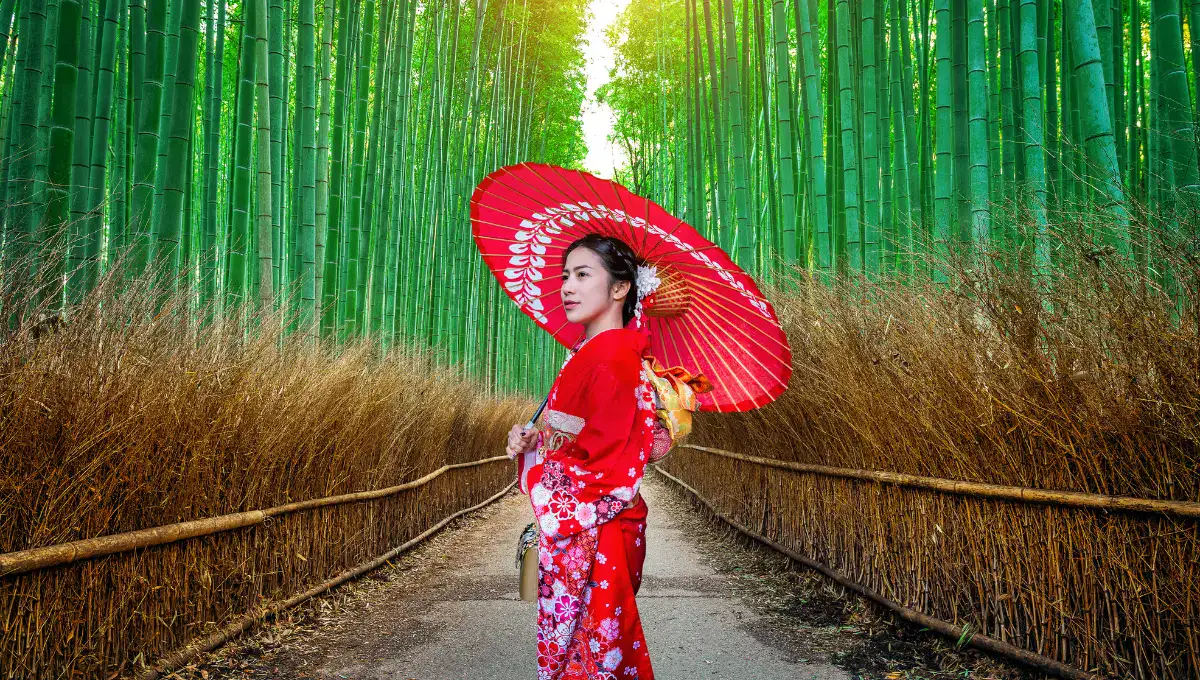 Girl wearing japnies traditional red clothes and standing in the field holding umbrella. Japan