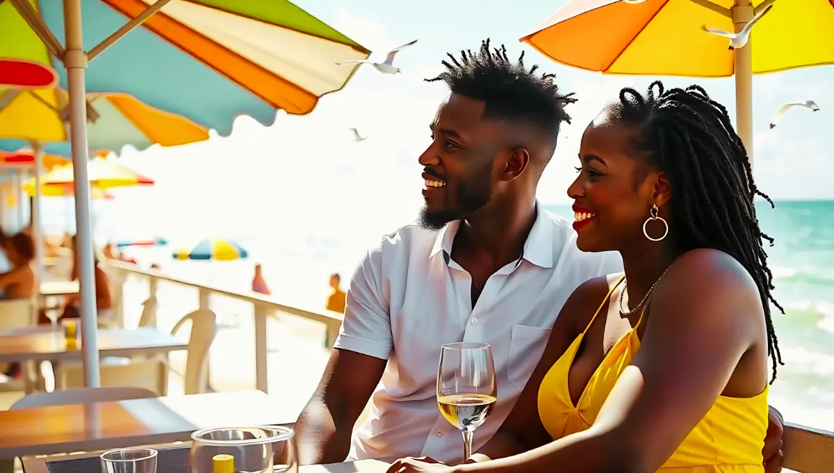 Couple Enjoying their first date in Miami, Black girl wearing yellow dress and black boy wearing half sleeve white shirt