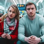 A high-definition image of a young couple with visibly tense expressions at an airport. They are seated on a bench. The man is wearing a gray sweater and a beanie, while the woman is wearing a red coat and a scarf. The background contains other passengers and airport signs. The lighting is bright.