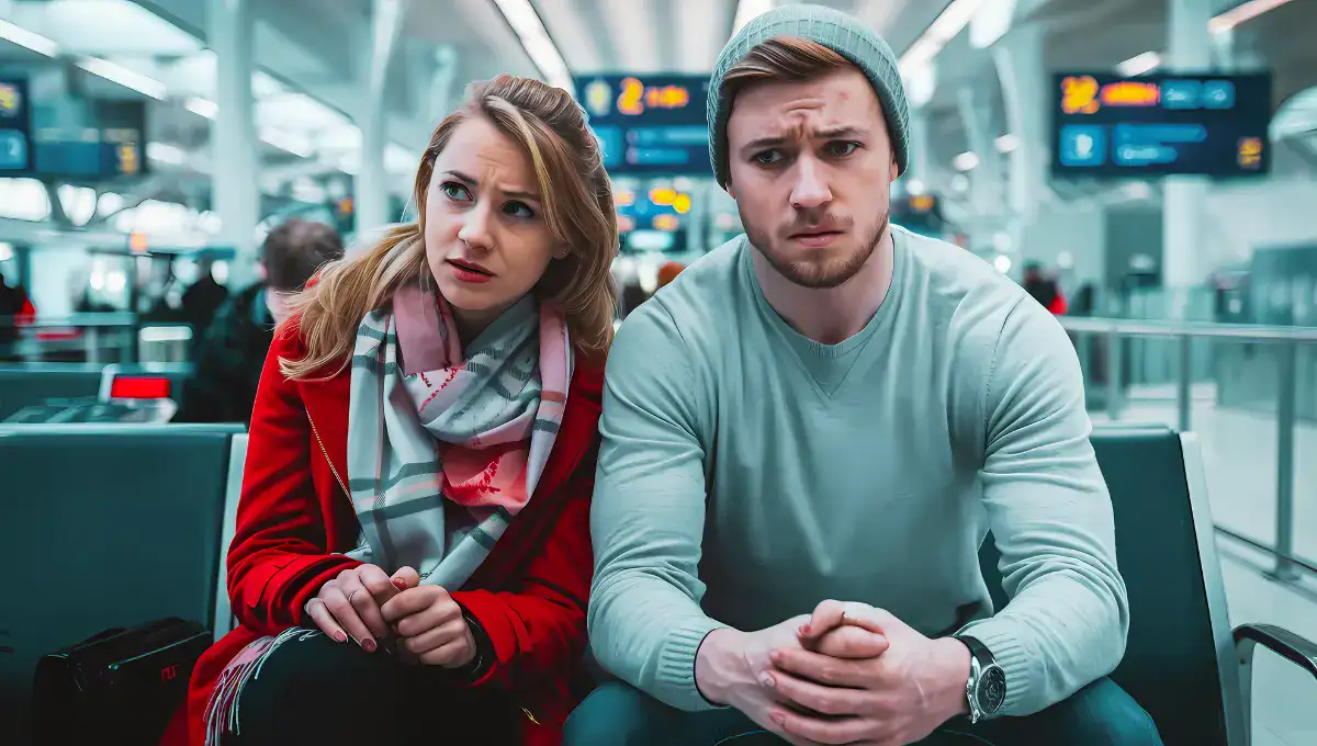 A high-definition image of a young couple with visibly tense expressions at an airport. They are seated on a bench. The man is wearing a gray sweater and a beanie, while the woman is wearing a red coat and a scarf. The background contains other passengers and airport signs. The lighting is bright.