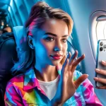 image of a young, beautiful woman with vivid colors and bright lighting. She is seated in the front row of a plane. Sheis trying to adjust her phone to watch videos. The background contains the plane's interior with various objects such as a screen, a light, and a buckle.