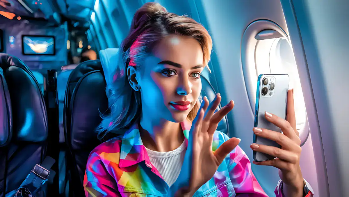 image of a young, beautiful woman with vivid colors and bright lighting. She is seated in the front row of a plane. Sheis trying to adjust her phone to watch videos. The background contains the plane's interior with various objects such as a screen, a light, and a buckle.