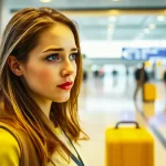 A super realistic high-resolution image of a beautiful young woman standing at an airport. She has a confused expression on her face and is searching for a solution. The background contains various airport elements, such as signs, seats, and other passengers.