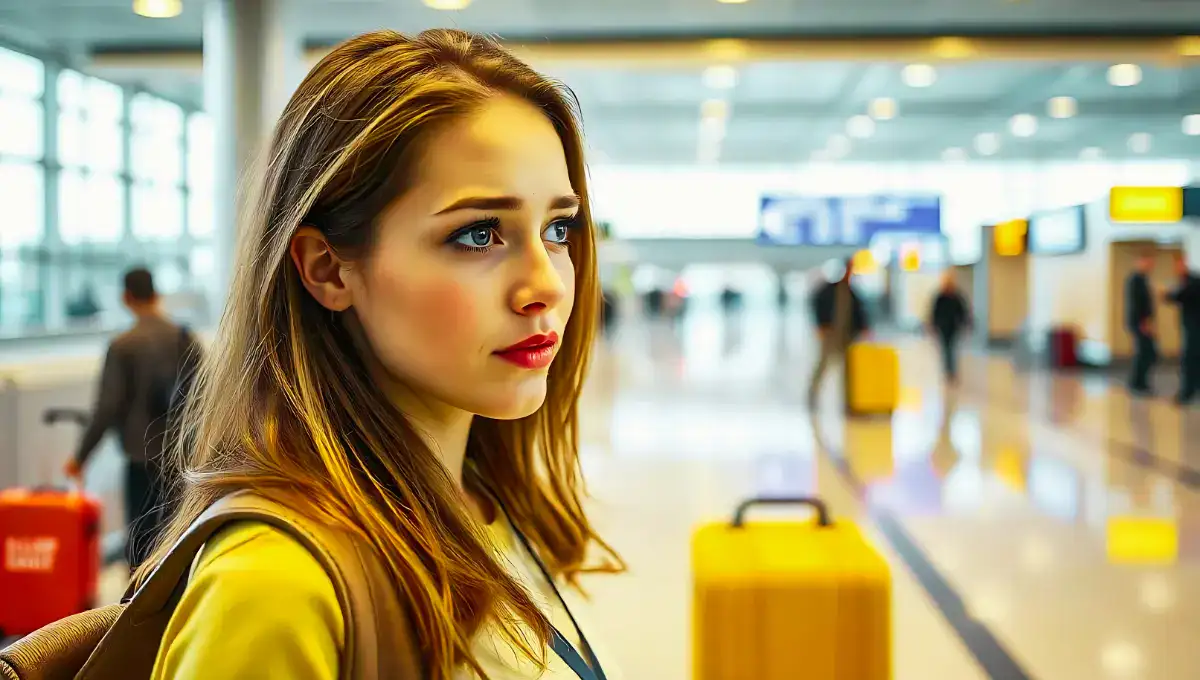 A super realistic high-resolution image of a beautiful young woman standing at an airport. She has a confused expression on her face and is searching for a solution. The background contains various airport elements, such as signs, seats, and other passengers.