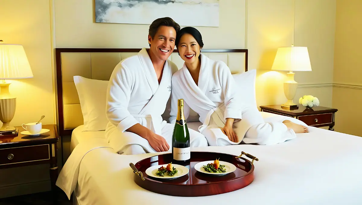 The image shows a man and a woman sitting on a bed in a hotel room. They are both wearing white bathrobes and are smiling at each other. On the bed, there is a wooden tray with two plates of food and a bottle of champagne. The tray is placed on the bedside table. The bed has white linens and there are two nightstands with lamps on either side of the bed. The walls are painted in a light color and there is an artwork hanging on the wall. The overall mood of the image is happy and relaxed.