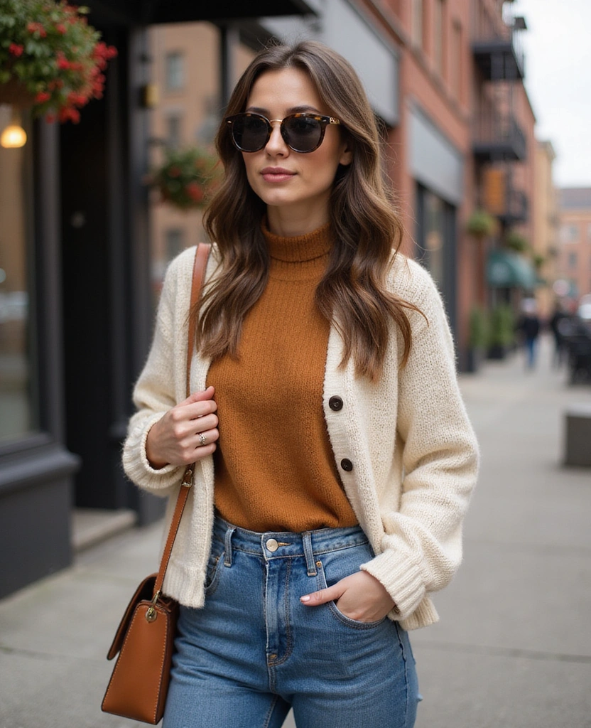 17 Fall Outfit Ideas Perfect for Exploring New York City (Wait Until You See #10!) - 13. Vintage-inspired Cardigans & High-Waisted Jeans