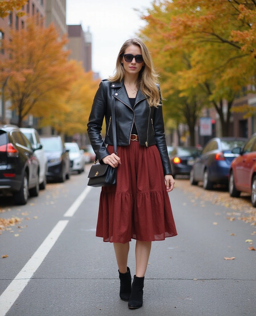 17 Fall Outfit Ideas Perfect for Exploring New York City (Wait Until You See #10!) - 5. Faux Leather Jacket & Midi Skirt