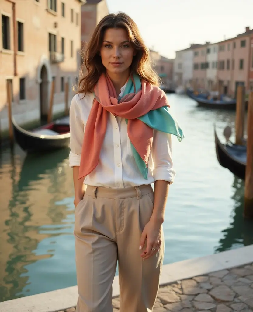 21 Outfit Ideas for Your October Trip to Venice (You’ll Want to Try #10!) - 16. Bright Scarf & Simple Outfit