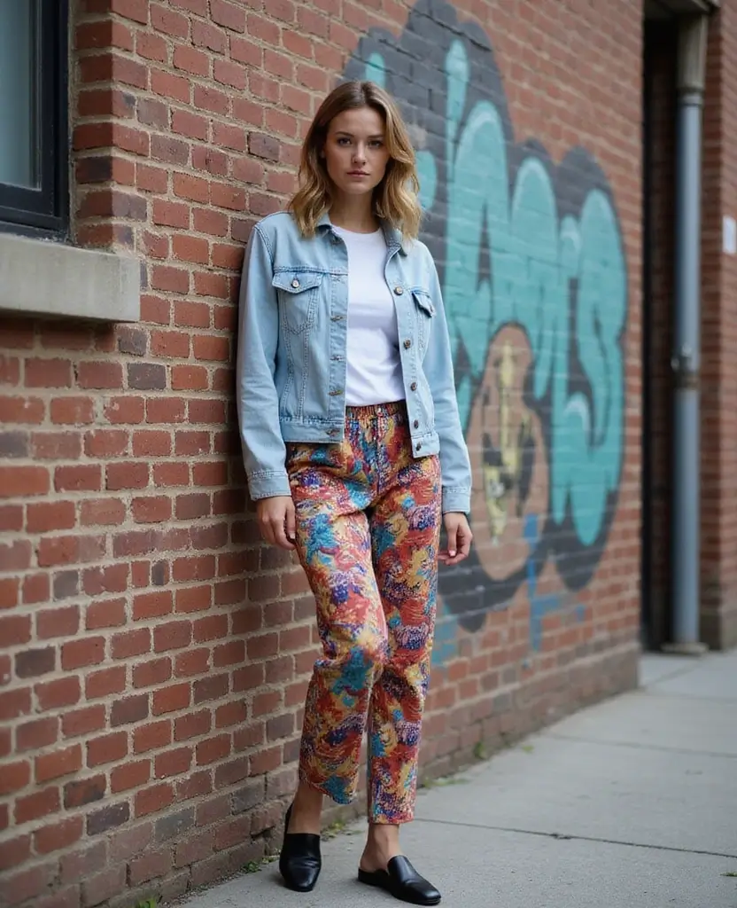 15 Casual Outfits for Exploring Tokyo in November (You’ll Want to Copy #11!) 28 What to wear in Tokyo in November 15 Casual Outfits for Exploring Tokyo in November (You’ll Want to Copy #11!) - 10. Denim Jacket and Printed Trousers