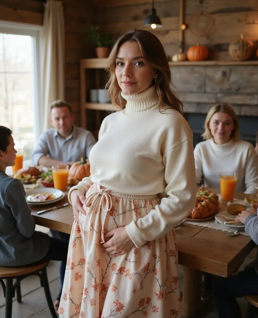 15 Thanksgiving Outfits for Pregnant Women That Are Cute, Cozy, and Chic (#3 Will Surprise You!) 69 Thanksgiving outfits for pregnant women 15 Thanksgiving Outfits for Pregnant Women That Are Cute, Cozy, and Chic (#3 Will Surprise You!) - 11. Timeless Turtleneck and Skirt