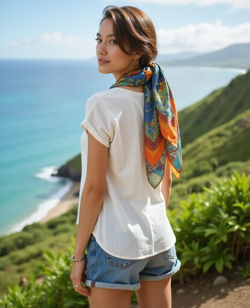 20 Outfit Inspirations for a November in Hawaii (You’ll Love #13!) 15 What to wear in Hawaii in November 20 Outfit Inspirations for a November in Hawaii (You’ll Love #13!) - 15. Colorful Scarf as Accessory