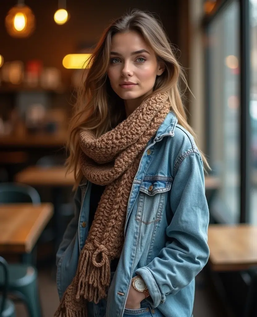 22 Cozy Outfits for Exploring NYC in December (You Won't Want to Change!) 40 what to wear in NYC in December 22 Cozy Outfits for Exploring NYC in December (You Won't Want to Change!) - 14. Knitted Shawl & Denim Jacket