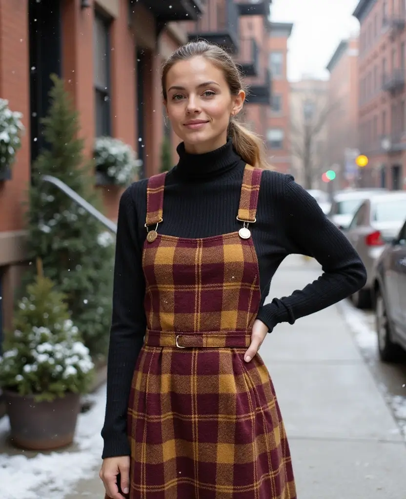 22 Cozy Outfits for Exploring NYC in December (You Won't Want to Change!) 49 what to wear in NYC in December 22 Cozy Outfits for Exploring NYC in December (You Won't Want to Change!) - 17. Pinafore Dress & Turtleneck Layer