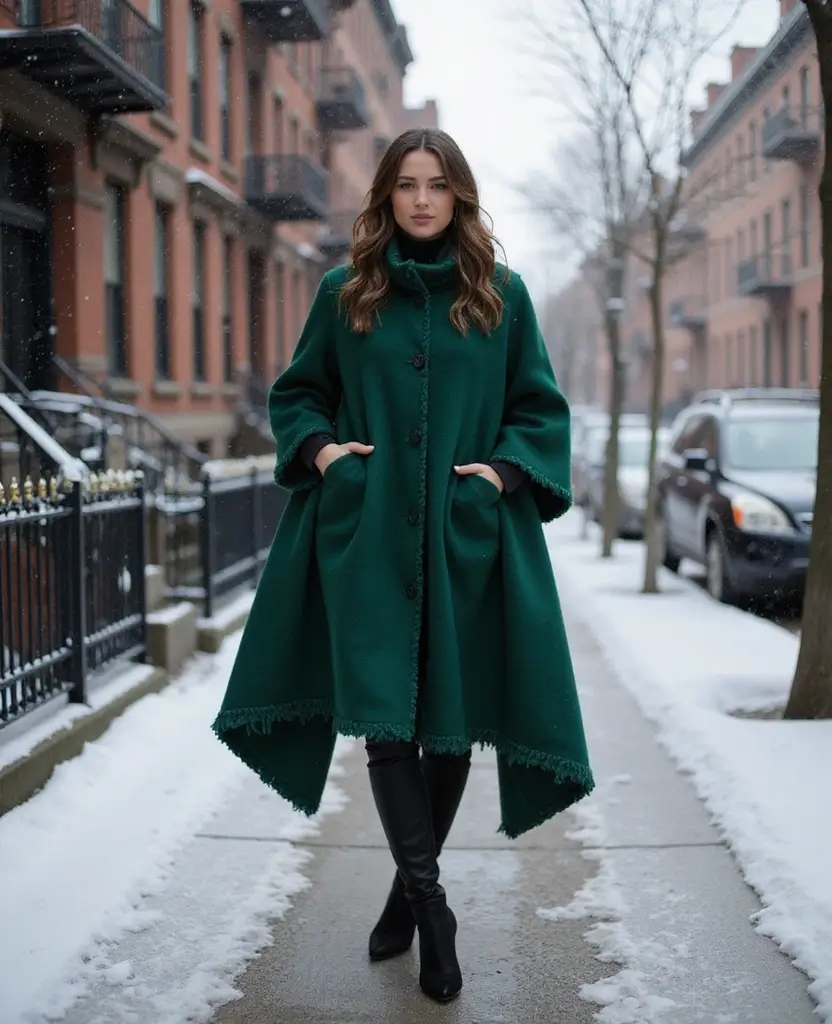 22 Cozy Outfits for Exploring NYC in December (You Won't Want to Change!) 61 what to wear in NYC in December 22 Cozy Outfits for Exploring NYC in December (You Won't Want to Change!) - 21. Elegant Winter Capes & Classic Boots