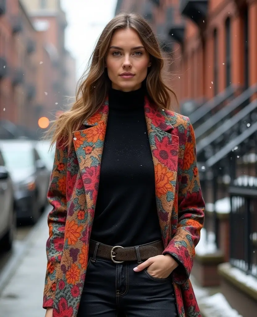 22 Cozy Outfits for Exploring NYC in December (You Won't Want to Change!) 64 what to wear in NYC in December 22 Cozy Outfits for Exploring NYC in December (You Won't Want to Change!) - 22. Printed Maxi Coat & Simple Basics