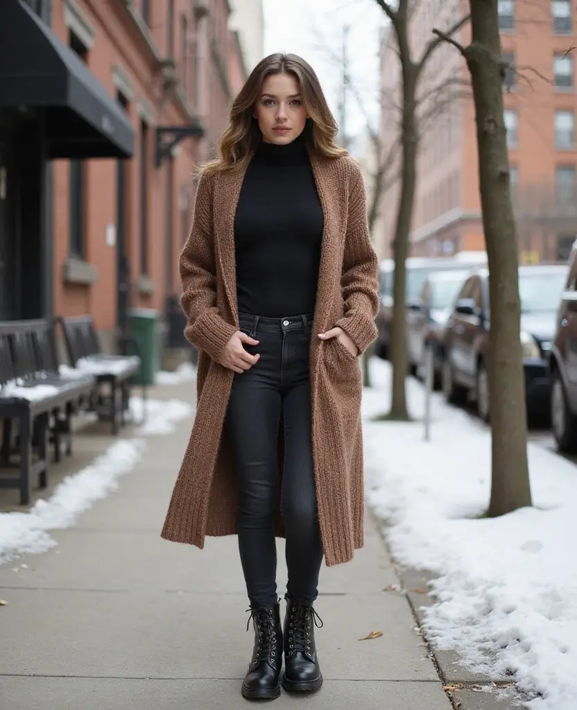 22 Cozy Outfits for Exploring NYC in December (You Won't Want to Change!) 13 what to wear in NYC in December 22 Cozy Outfits for Exploring NYC in December (You Won't Want to Change!) - 5. Long Cardigan & Combat Boots