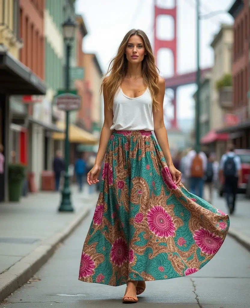 22 Trendy Yet Comfortable Fashion Choices for December in San Francisco (Warning: #13 Is Bold!) 16 what to wear in San Francisco in December 22 Trendy Yet Comfortable Fashion Choices for December in San Francisco (Warning: #13 Is Bold!) - 16. Printed Maxi Skirts