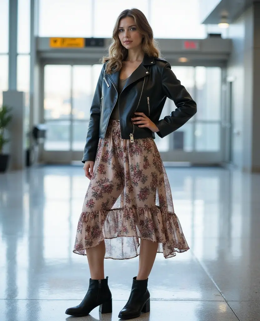 12 Travel Outfits That Will Make You Look Like a Jet-Set Fashionista (You Won't Believe #8!) 48 best travel outfits for women 12 Travel Outfits That Will Make You Look Like a Jet-Set Fashionista (You Won't Believe #8!) - 10. Effortlessly Cool: Leather Jacket and Midi Skirt