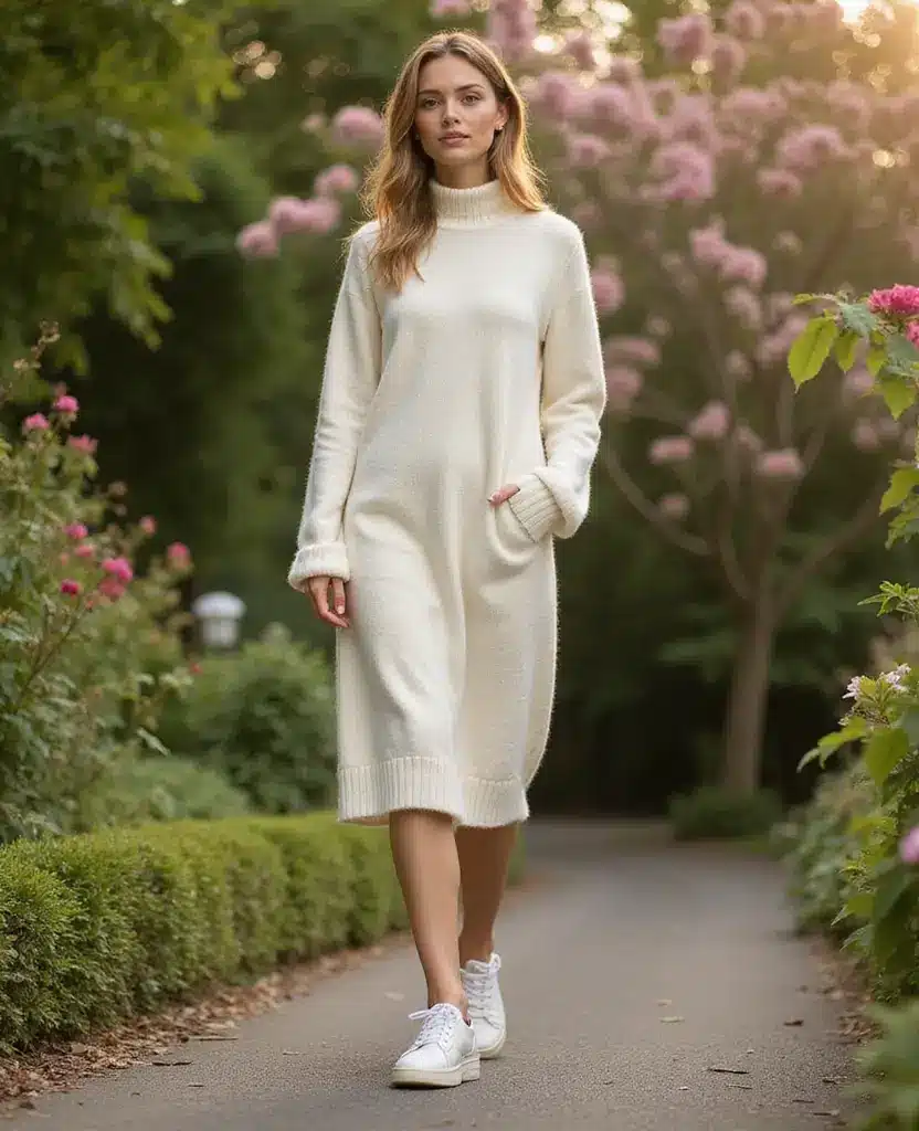 15 Effortlessly Stylish Casual Outfits for Exploring Edinburgh (You'll Love #10!) 3 what to wear in Edinburgh all year round 15 Effortlessly Stylish Casual Outfits for Exploring Edinburgh (You'll Love #10!) - 2. Cozy Sweater Dress with Sneakers