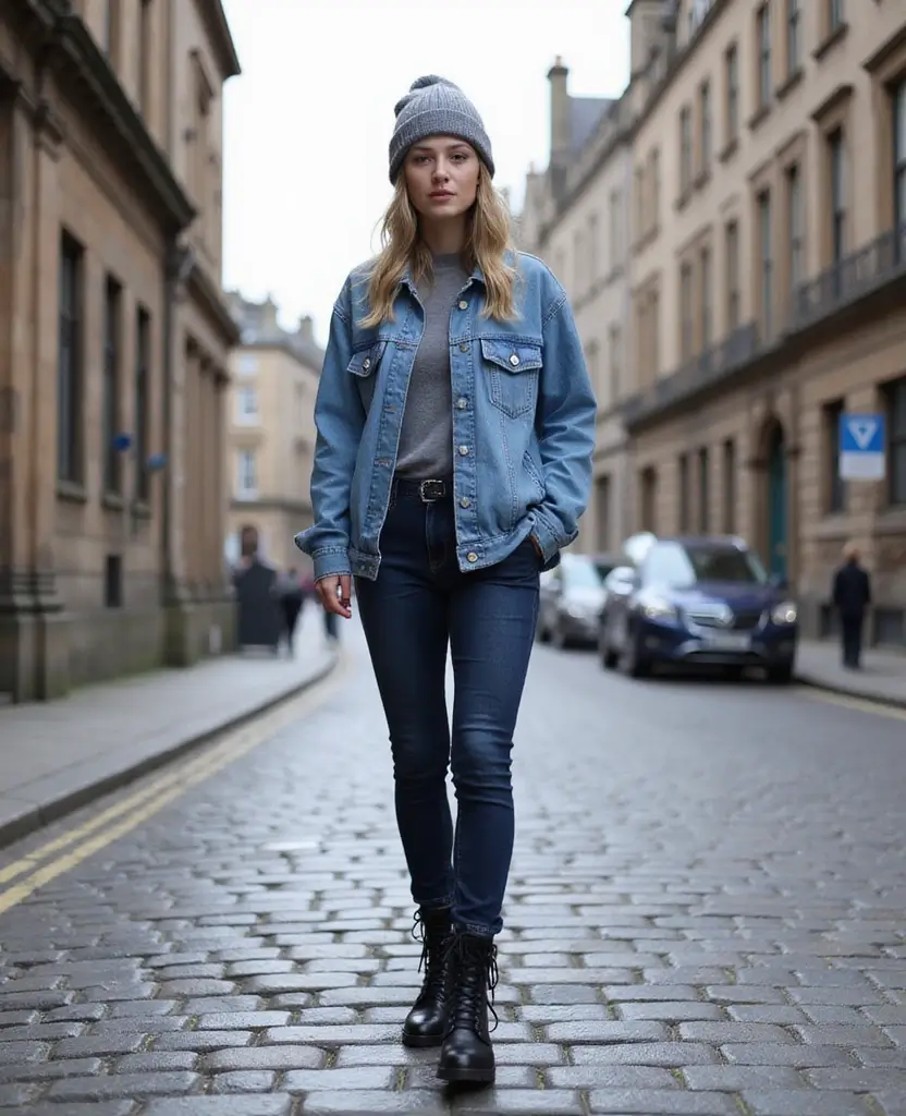 15 Effortlessly Stylish Casual Outfits for Exploring Edinburgh (You'll Love #10!) 6 what to wear in Edinburgh all year round 15 Effortlessly Stylish Casual Outfits for Exploring Edinburgh (You'll Love #10!) - 3. Effortless Denim on Denim