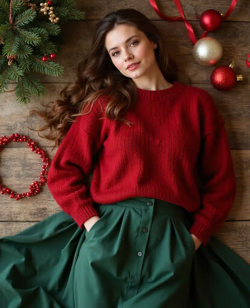 20 Stunning Christmas Dinner Outfit Ideas That’ll Make You the Star of the Night! - 2. Classic Red and Green Combo
