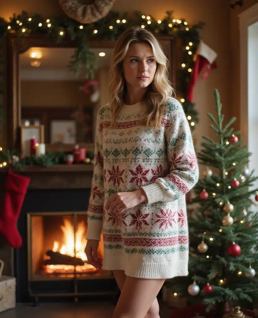 20 Stunning Christmas Dinner Outfit Ideas That’ll Make You the Star of the Night! 4 Christmas Dinner Outfit Ideas 20 Stunning Christmas Dinner Outfit Ideas That’ll Make You the Star of the Night! - 4. Festive Sweater Dress