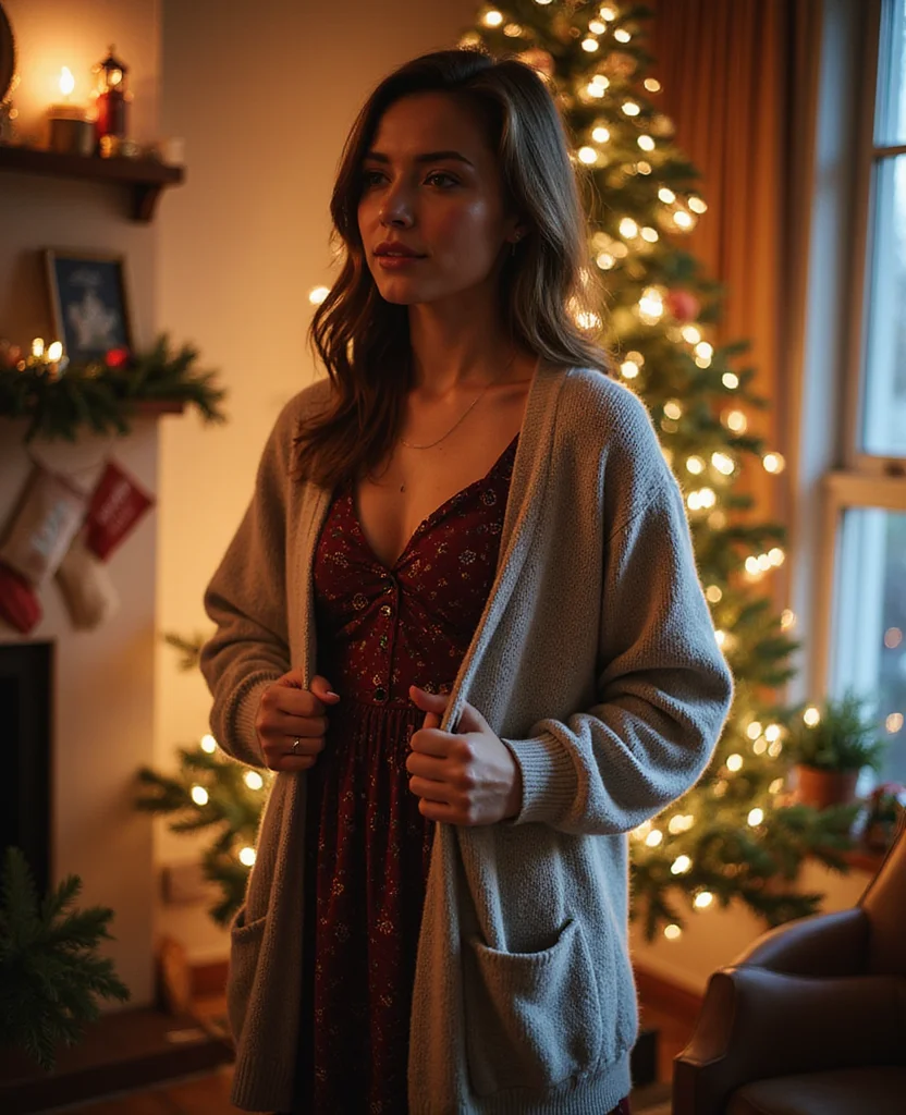 25 Stunning Christmas Outfit Ideas That Will Make You the Star of the Holiday Party! 24 What to wear on Christmas Day 25 Stunning Christmas Outfit Ideas That Will Make You the Star of the Holiday Party! - 24. Warm Cardigan over a Festive Dress