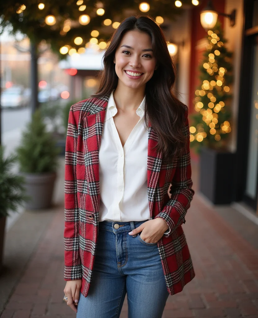 25 Stunning Christmas Outfit Ideas That Will Make You the Star of the Holiday Party! 4 What to wear on Christmas Day 25 Stunning Christmas Outfit Ideas That Will Make You the Star of the Holiday Party! - 4. Holiday Plaid Blazer and Jeans