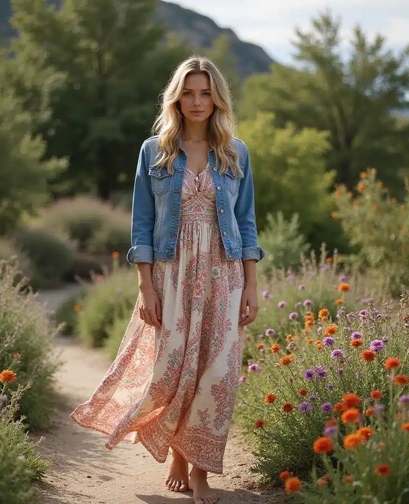 15 Chic February Travel Outfits for Greece That'll Turn Heads! 1 What to wear in Greece in February 15 Chic February Travel Outfits for Greece That'll Turn Heads! - 1. Bohemian Maxi Dress with a Denim Jacket 1