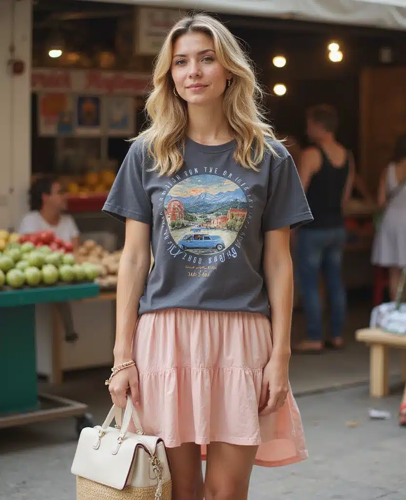 15 Chic February Travel Outfits for Greece That'll Turn Heads! 73 What to wear in Greece in February 15 Chic February Travel Outfits for Greece That'll Turn Heads! - 11. Casual Friday Look: Graphic Tee with a Slip Skirt 1