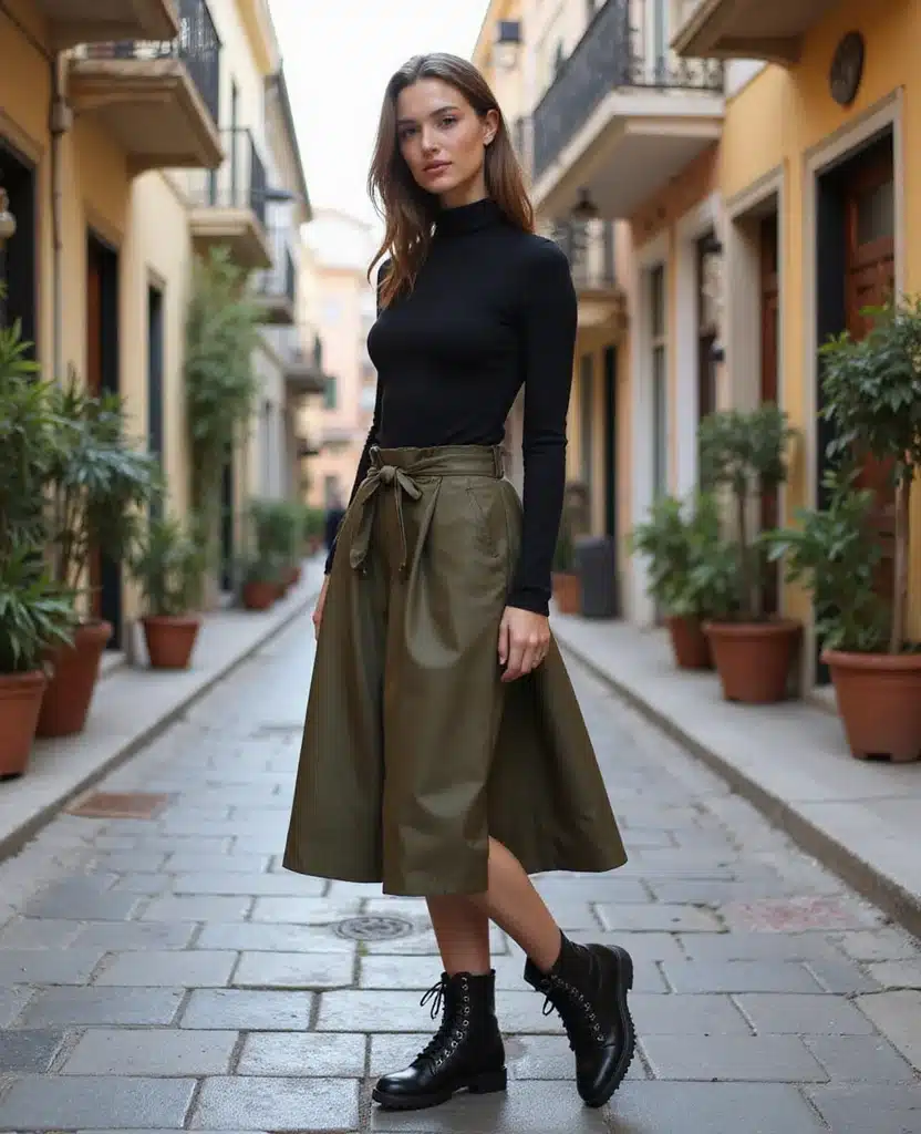 15 Chic February Travel Outfits for Greece That'll Turn Heads! 43 What to wear in Greece in February 15 Chic February Travel Outfits for Greece That'll Turn Heads! - 7. Midi Skirt with a Turtleneck and Combat Boots 1