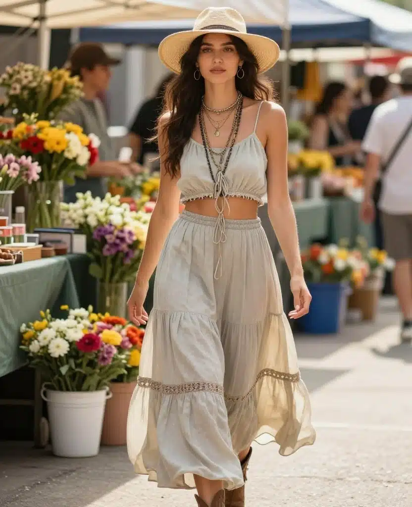 21 Stylish Outfits to Rock in Chicago This May (You'll Love #10!) 64 what to wear in Chicago in May 21 Stylish Outfits to Rock in Chicago This May (You'll Love #10!) - 10. Boho Style with Flowy Skirts and Crop Tops 1