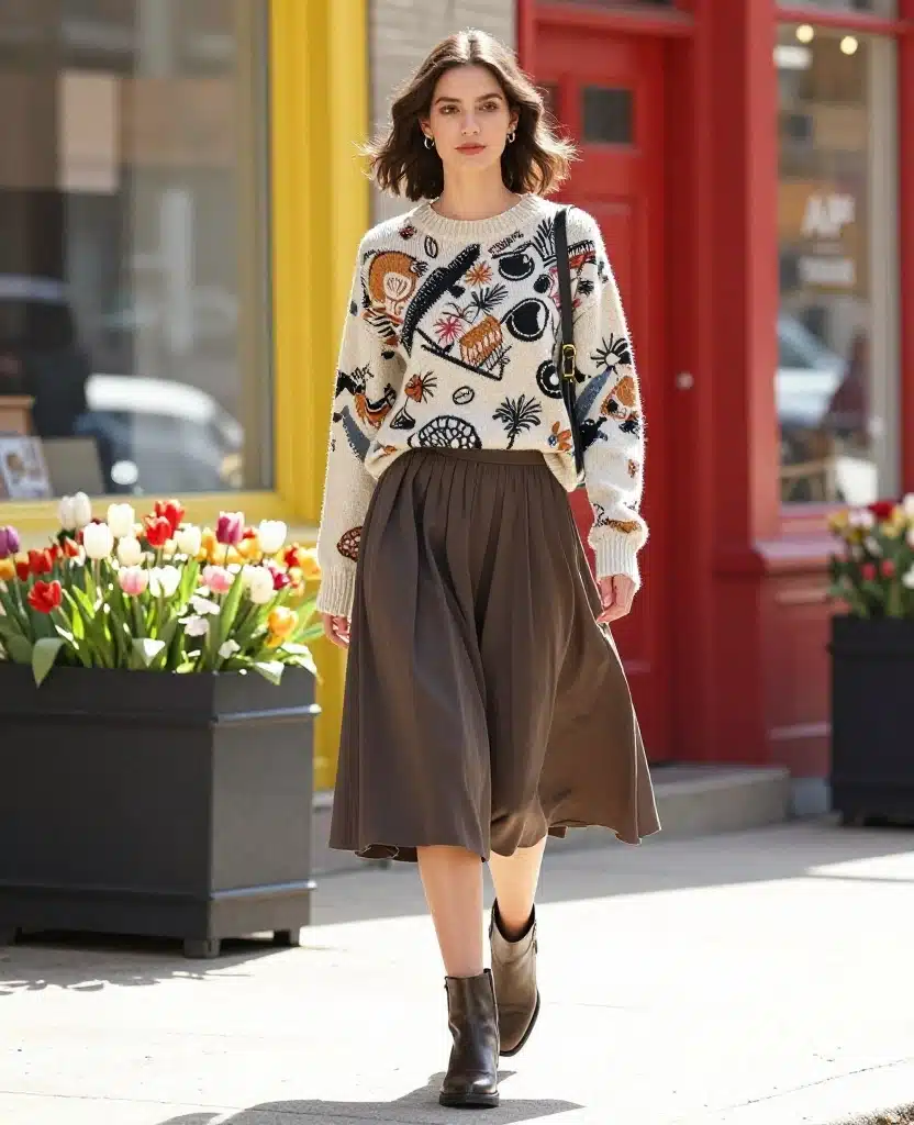 21 Stylish Outfits to Rock in Chicago This May (You'll Love #10!) 78 what to wear in Chicago in May 21 Stylish Outfits to Rock in Chicago This May (You'll Love #10!) - 12. Graphic Sweater and Midi Skirt 1