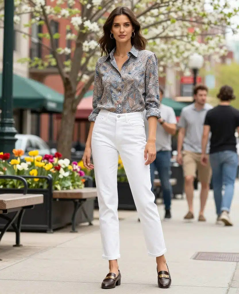 21 Stylish Outfits to Rock in Chicago This May (You'll Love #10!) 112 what to wear in Chicago in May 21 Stylish Outfits to Rock in Chicago This May (You'll Love #10!) - 17. Casual Button-Up Shirt and White Jeans 1