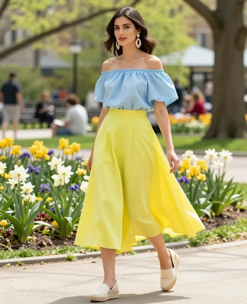 21 Stylish Outfits to Rock in Chicago This May (You'll Love #10!) 126 what to wear in Chicago in May 21 Stylish Outfits to Rock in Chicago This May (You'll Love #10!) - 19. Off-the-Shoulder Top with A-Line Skirt 1