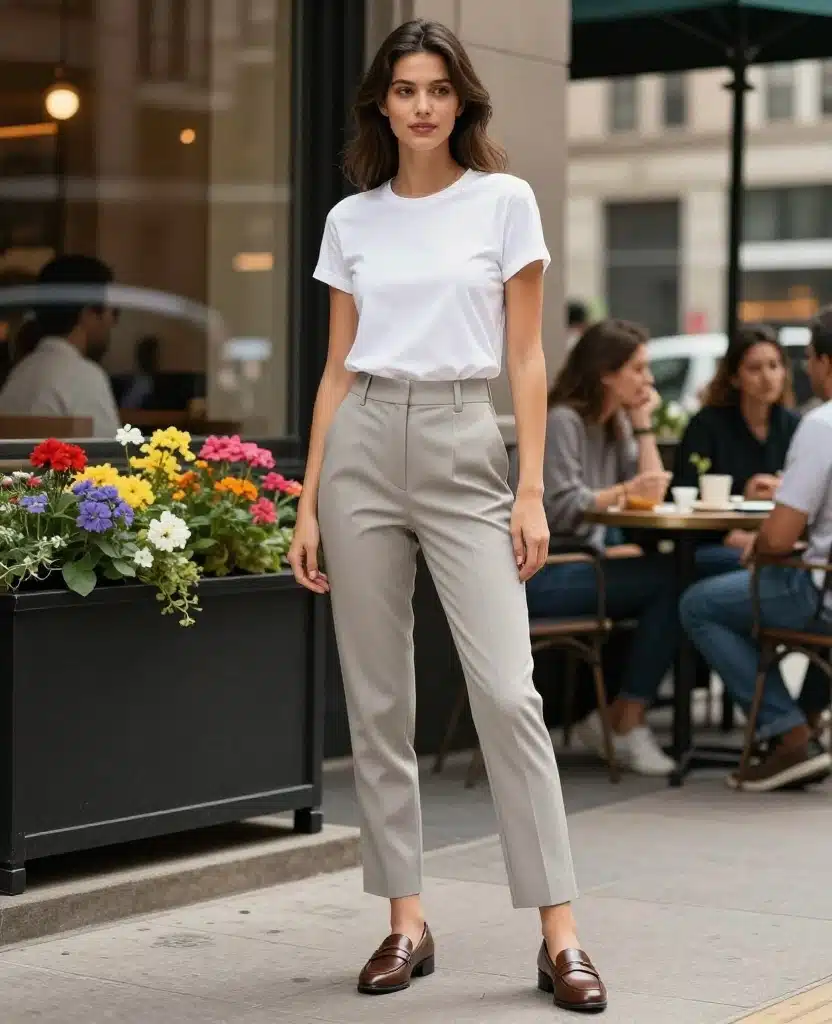 21 Stylish Outfits to Rock in Chicago This May (You'll Love #10!) 8 what to wear in Chicago in May 21 Stylish Outfits to Rock in Chicago This May (You'll Love #10!) - 2. Casual Chic: White Tee and Tailored Trousers 1