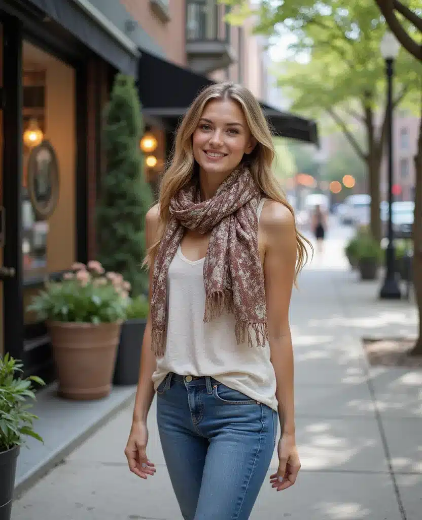 21 Stylish Outfits to Rock in Chicago This May (You'll Love #10!) 133 what to wear in Chicago in May 21 Stylish Outfits to Rock in Chicago This May (You'll Love #10!) - 20. Layered Tank and Light Scarf 1