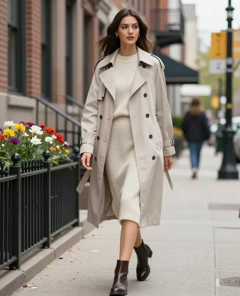 21 Stylish Outfits to Rock in Chicago This May (You'll Love #10!) 48 what to wear in Chicago in May 21 Stylish Outfits to Rock in Chicago This May (You'll Love #10!) - 8. Classic Trench Coat Over a Sweater Dress 1