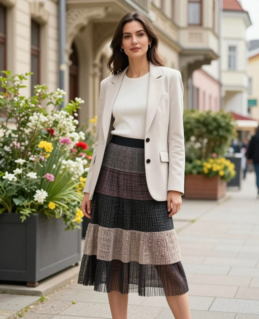 17 Stunning Berlin Spring Outfits for May You Can't Miss (Wait Until You See #3!) 6 What to wear in Berlin in May 17 Stunning Berlin Spring Outfits for May You Can't Miss (Wait Until You See #3!) - 3. Unexpected Elegance: The Layered Midi Skirt 1