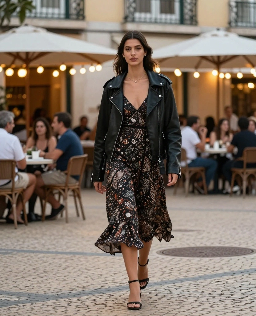 20 Irresistible Outfit Ideas for Your June Trip to Lisbon (Don’t Miss #5!) 36 what to wear in Lisbon in June 20 Irresistible Outfit Ideas for Your June Trip to Lisbon (Don’t Miss #5!) - 16. Edgy Leather Jacket with a Dress 1