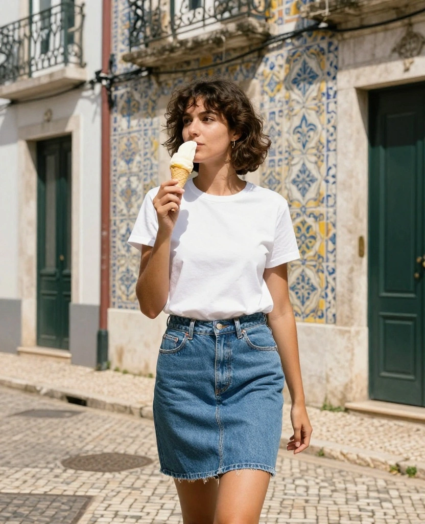 20 Irresistible Outfit Ideas for Your June Trip to Lisbon (Don’t Miss #5!) 7 what to wear in Lisbon in June 20 Irresistible Outfit Ideas for Your June Trip to Lisbon (Don’t Miss #5!) - 4. Classic White T-Shirt and Denim Skirt 1