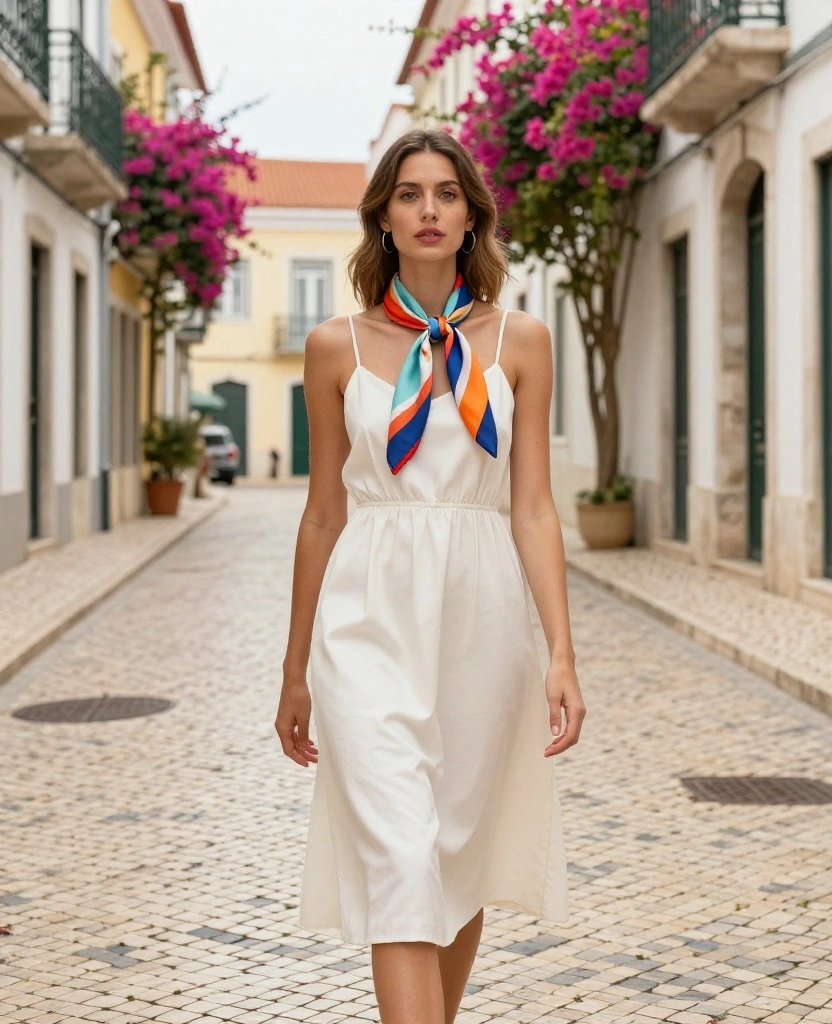 20 Irresistible Outfit Ideas for Your June Trip to Lisbon (Don’t Miss #5!) 12 what to wear in Lisbon in June 20 Irresistible Outfit Ideas for Your June Trip to Lisbon (Don’t Miss #5!) - 6. Silk Scarf and Simple Dress 1