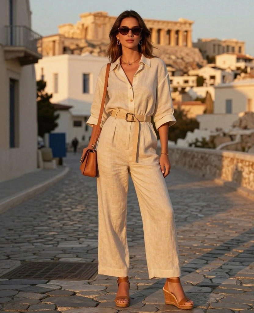 21 Gorgeous Outfit Ideas for Your Greek Getaway in May (Wait Until You See #5!) 2 What to wear in Greece in May 21 Gorgeous Outfit Ideas for Your Greek Getaway in May (Wait Until You See #5!) - 2. Chic Linen Jumpsuit for City Tours 1