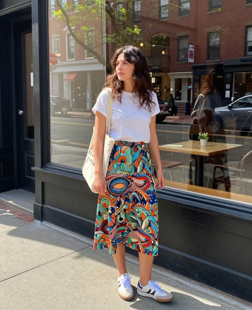 25 Travel-Ready Outfits for Boston in May (Pack Light, Look Fabulous!) 50 what to wear in Boston in May 25 Travel-Ready Outfits for Boston in May (Pack Light, Look Fabulous!) - 8. Breezy Skirt and T-Shirt Combo 1