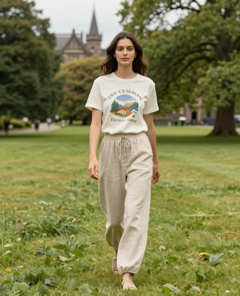 18 Casual Outfit Ideas for Scotland in June That Are Stylish Enough for Any Occasion! 71 What to wear in Scotland in June 18 Casual Outfit Ideas for Scotland in June That Are Stylish Enough for Any Occasion! - 11. Comfy Linen Pants with a Graphic Tee 1