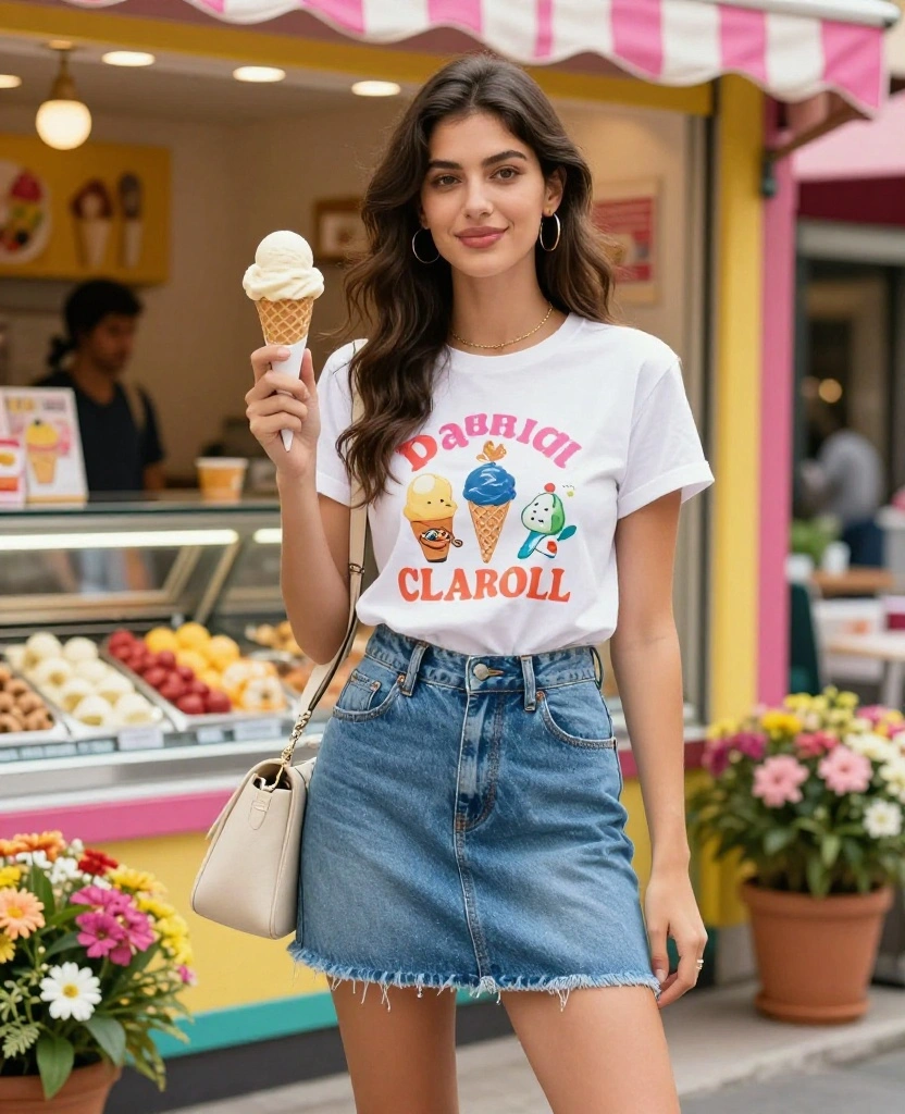 19 Instagram-Worthy Outfit Ideas for Your Italy Trip This June (Photo #8 Will Blow Your Mind!) 36 What to wear in Italy in June 19 Instagram-Worthy Outfit Ideas for Your Italy Trip This June (Photo #8 Will Blow Your Mind!) - 6. Casual Denim Skirt and Graphic Tee: Playful Chic 1