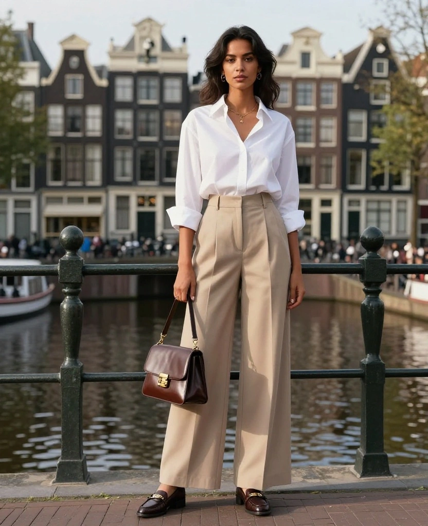 21 Instagram-Ready Outfits to Wear in Amsterdam This June (Get Ready for Double-Taps!) 36 What to wear in Amsterdam in June 21 Instagram-Ready Outfits to Wear in Amsterdam This June (Get Ready for Double-Taps!) - 6. Classic White Shirt with Wide-Leg Trousers 1