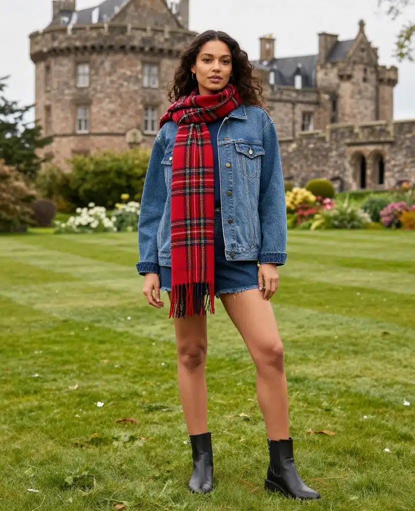 10 Stylish Scotland Outfits for August That Will Turn Heads! 6 What to Wear in Scotland in August 10 Stylish Scotland Outfits for August That Will Turn Heads! - 2. Tartan Scarf and Denim Jacket Combo 1